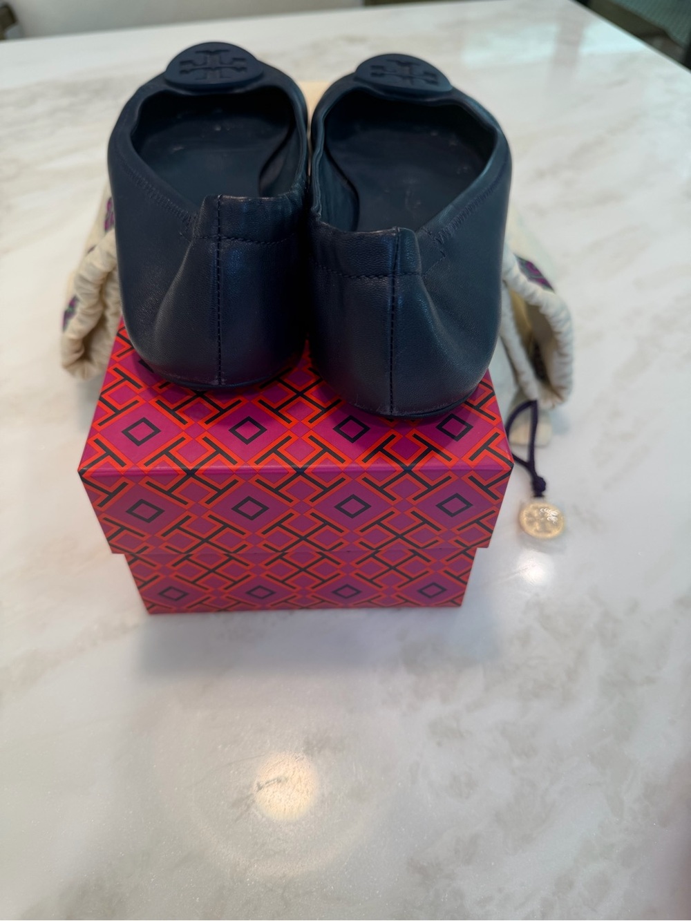 Tory Burch Navy Leather Logo Round-Toe Ballet Flats - Picture 5 of 6